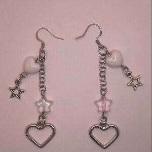 Heart and Star Dangle Earrings - Silver and Pink